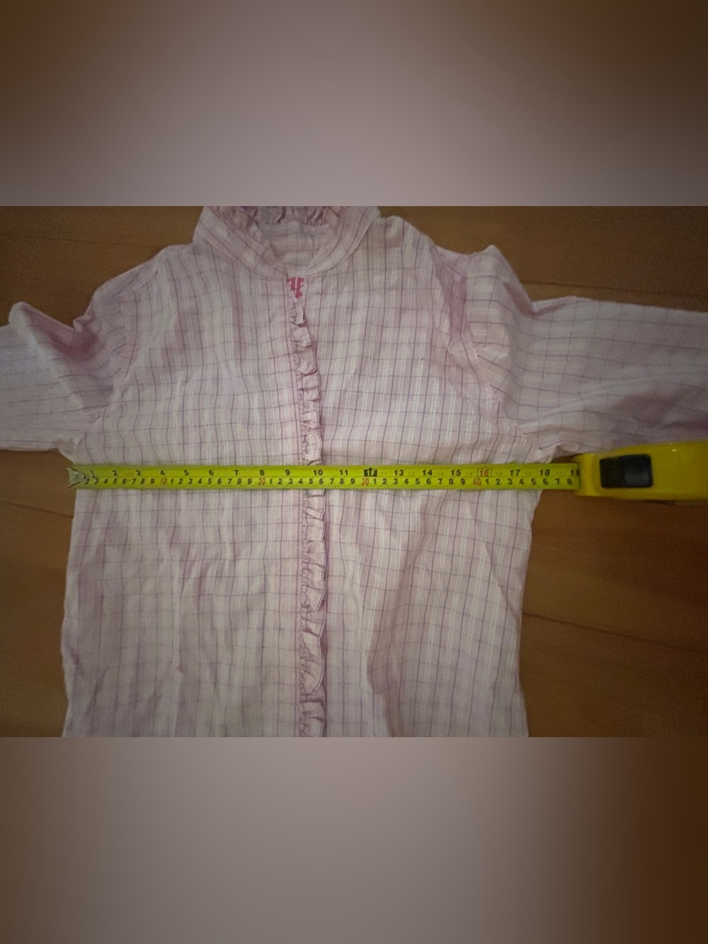 Pink, White, & Blue Plaid 100% Cotton Button-Down Shirt with Ruffle Detail ~ Med - Picture 6 of 15